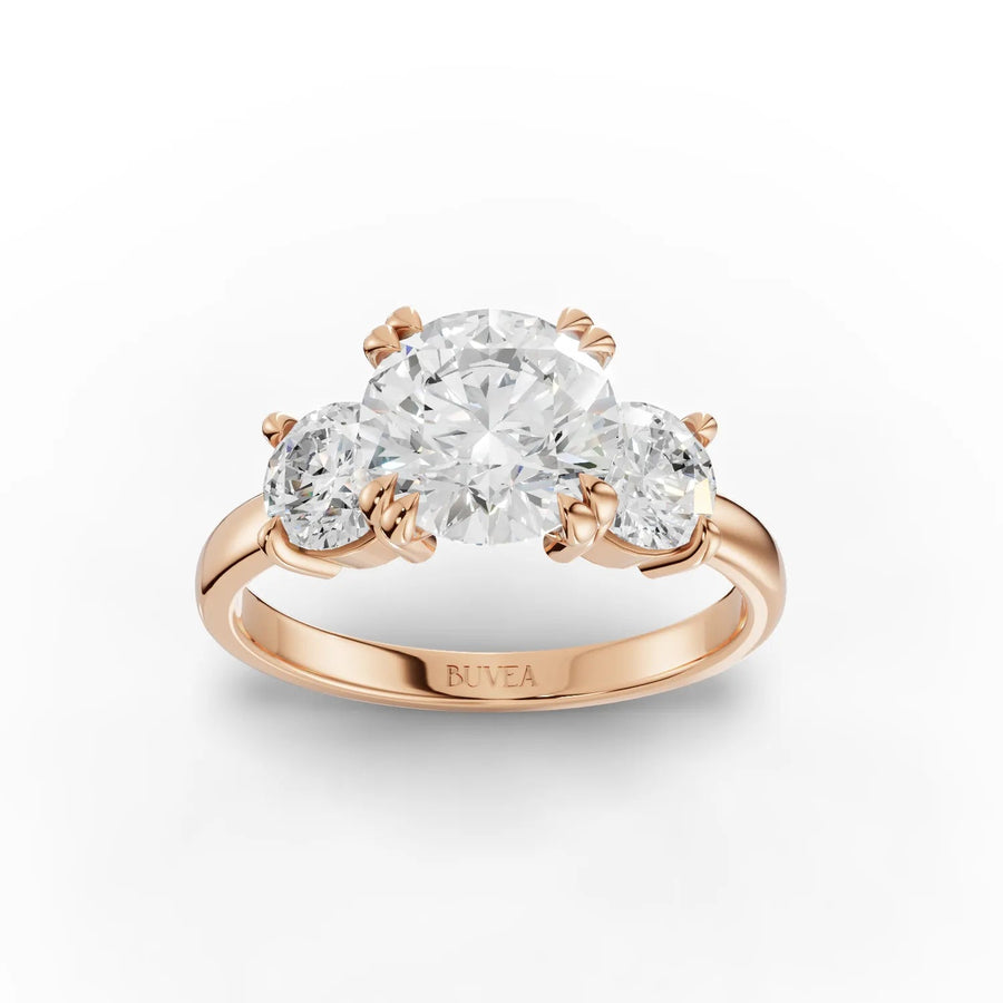 Three-stone lab-grown diamond ring rose gold top view