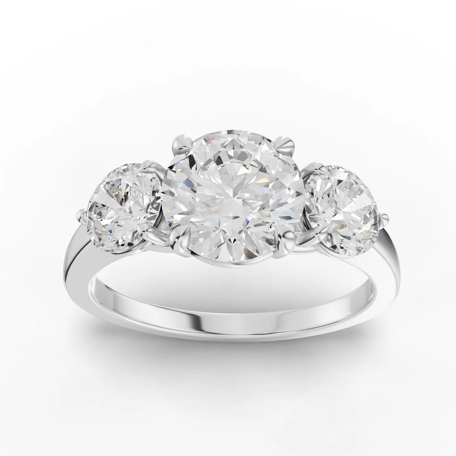 2.50 ct round three-stone lab-grown diamond ring with 1.50 ct center diamond and polished gold band
