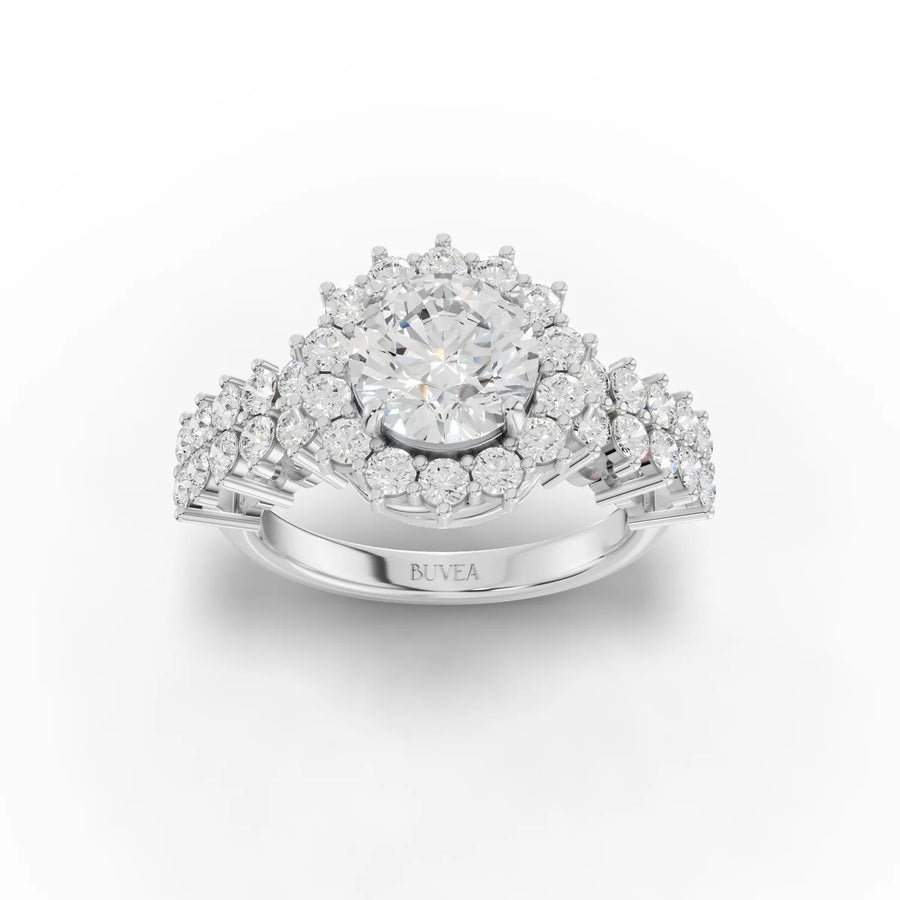 2.69 CT round lab grown diamond bridal set ring with split shank, halo-style accents, and gold band