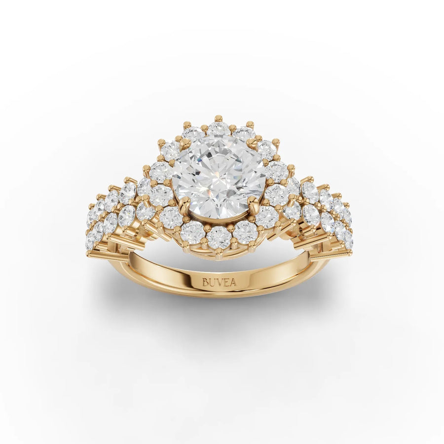 Round bridal set lab-grown diamond ring yellow gold top view