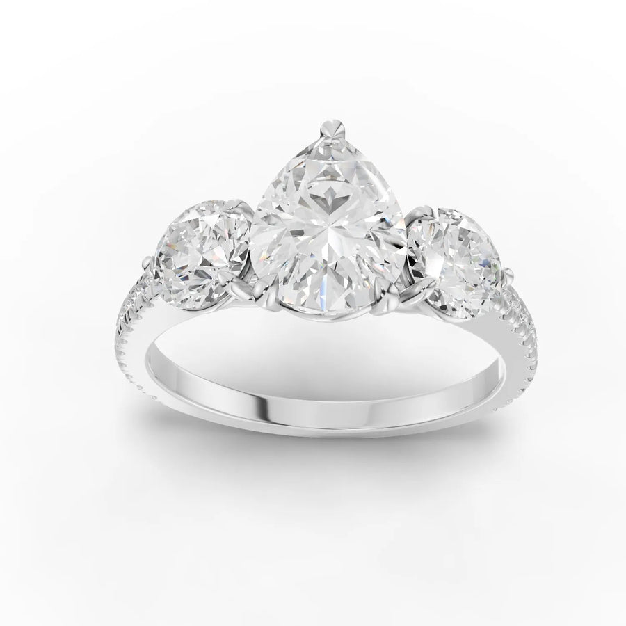 2.22 CT three-stone pear lab diamond ring with 1.50 CT center, round side diamonds, and accent diamond band