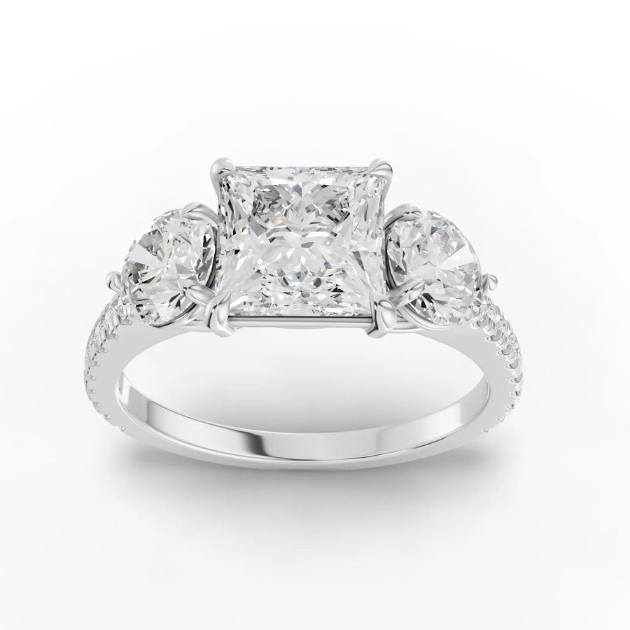 2.72 ct princess three-stone pavé lab diamond ring with 1.50 ct center and round side diamonds