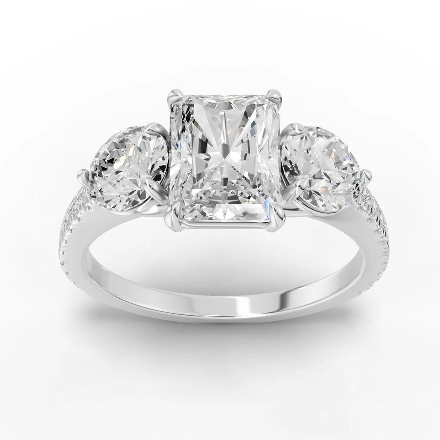 2.72 Ct radiant three-stone twist pavé lab diamond ring with 1.50 CT center in 18KT gold