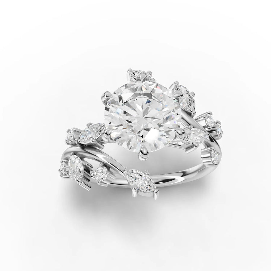 2.72 CT round lab diamond accent solitaire ring with 2 CT center, marquise and round side stones in 18K gold