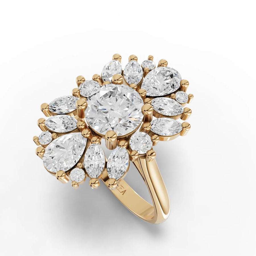 Multi-stone floral arrangement lab-grown diamond ring angled view