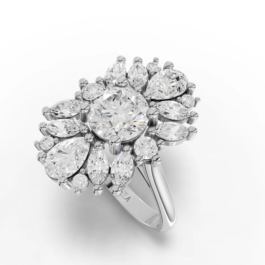 Round pear marquise lab-grown diamond cluster ring close-up