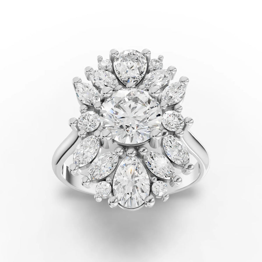 2.99 CT floral cluster lab diamond ring with 1.00 CT round center and pear marquise round diamonds