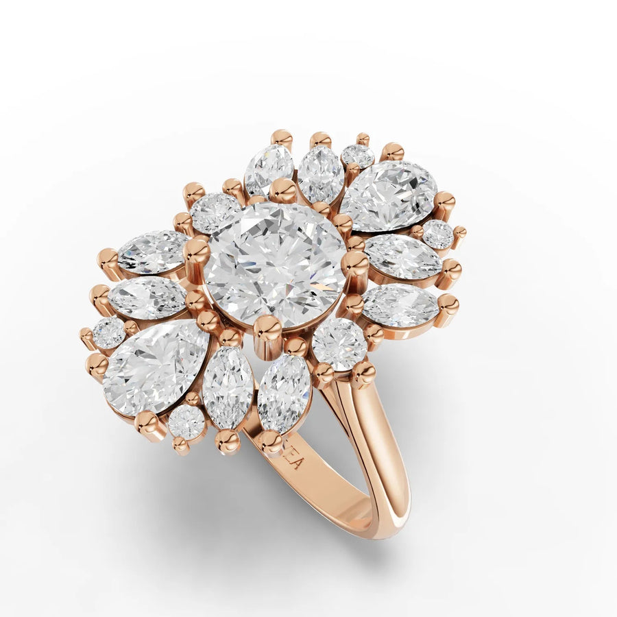 Floral cluster diamond ring rose gold angle