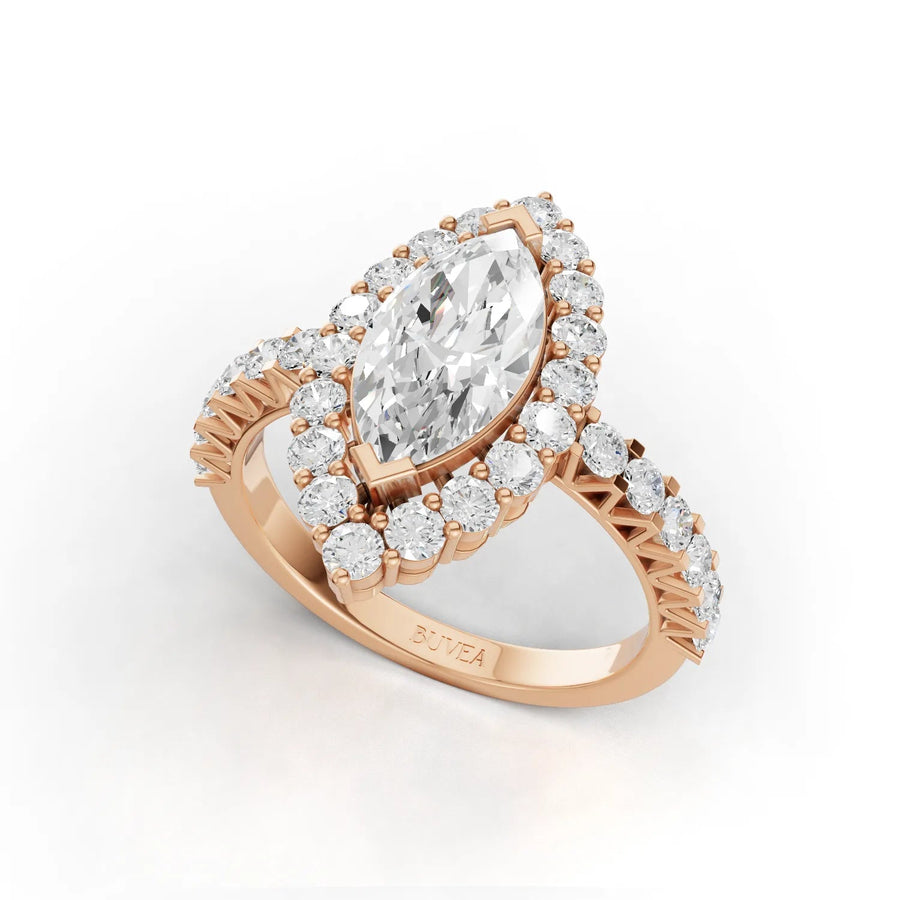 Lab-grown marquise halo ring rose gold angled profile