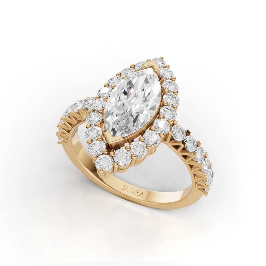 Lab-grown marquise halo ring yellow gold angled profile