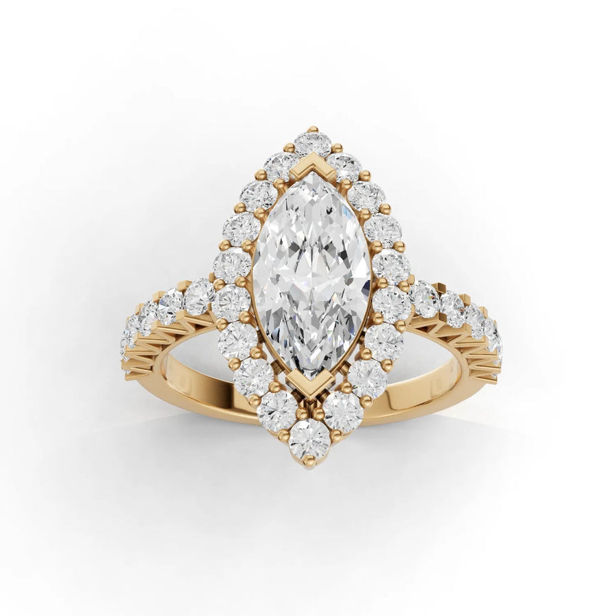 Marquise halo diamond ring yellow gold top view