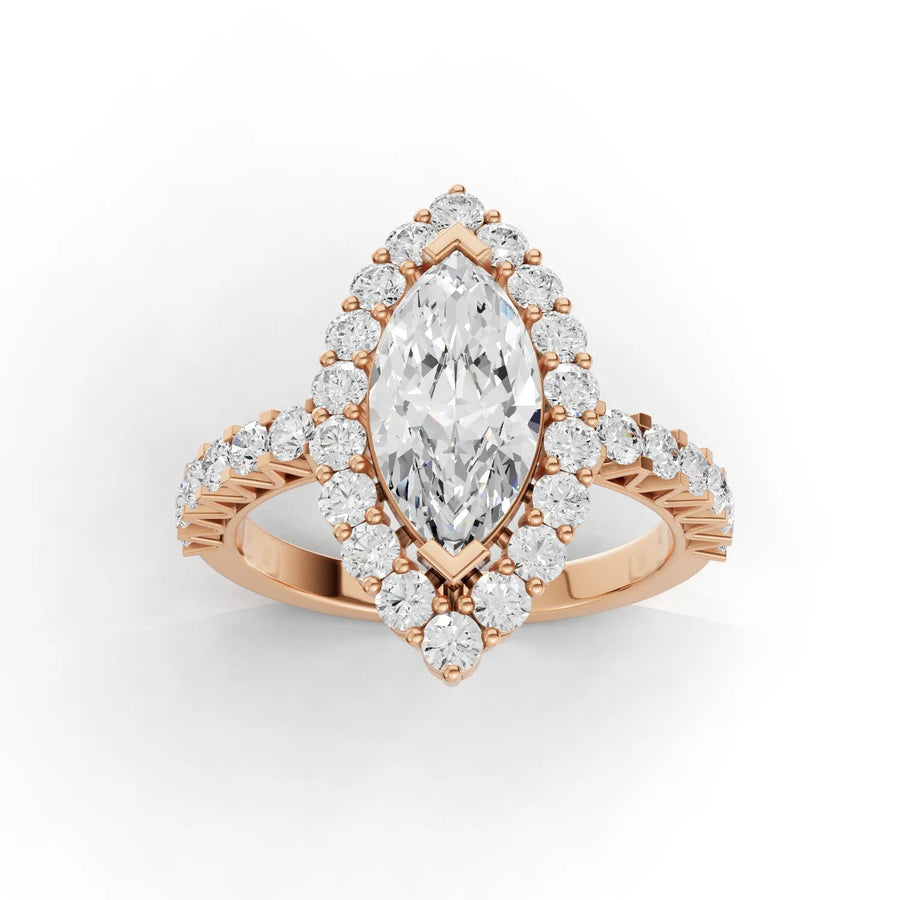 Marquise halo diamond ring rose gold top view