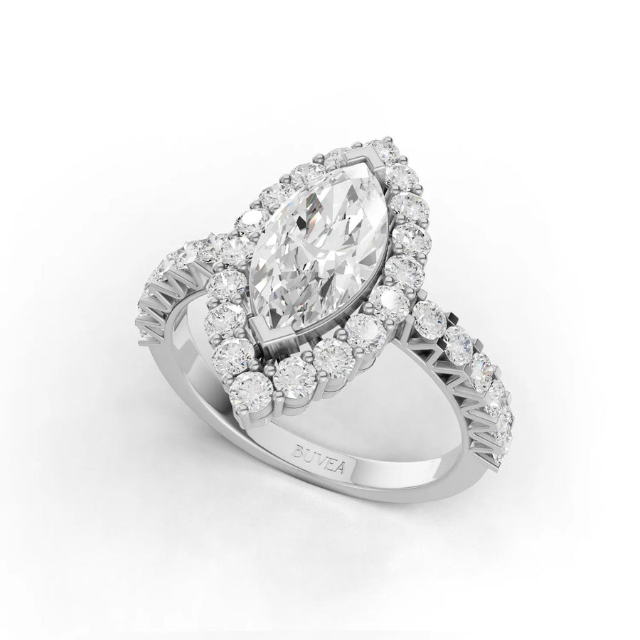 Lab-grown marquise halo ring white gold angled profile