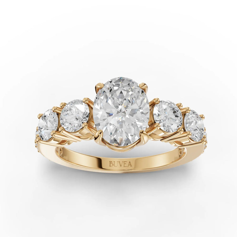 Oval cut lab-grown diamond ring yellow gold top view