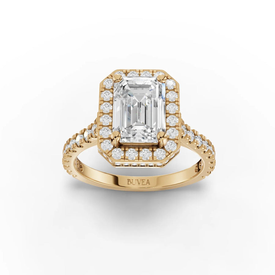 Emerald cut halo lab-grown diamond ring yellow gold top view