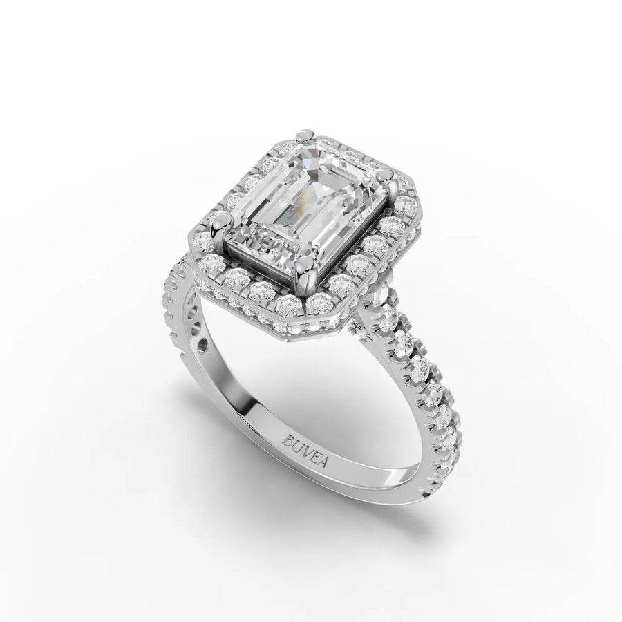 2.34 CT emerald cut halo ring white gold angled view