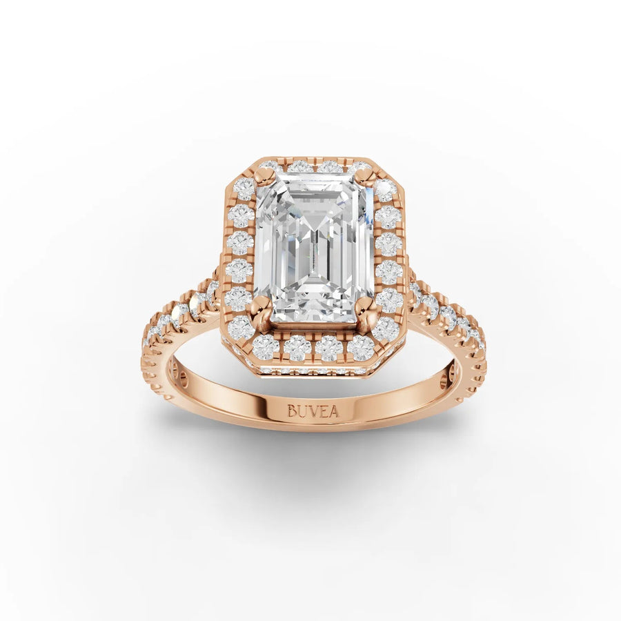 Emerald cut halo lab-grown diamond ring rose gold top view