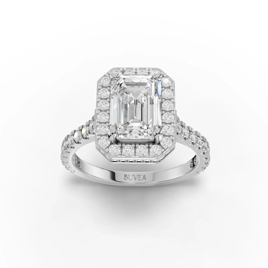 Emerald cut halo lab-grown diamond ring white gold top view