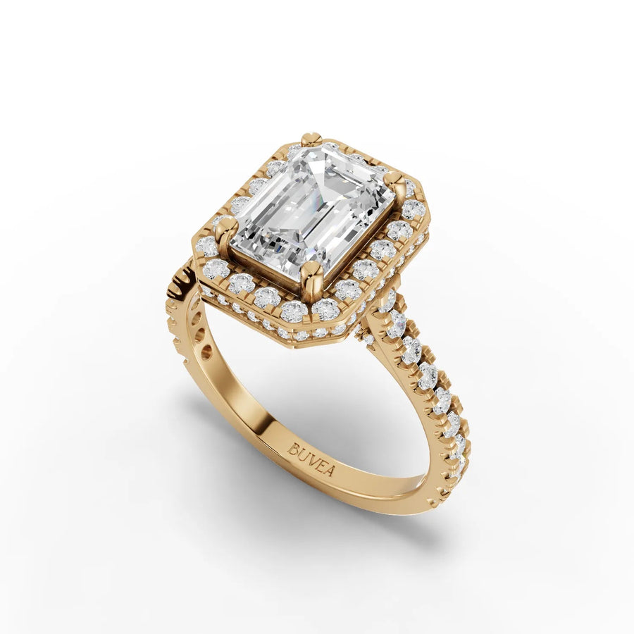 2.34 CT emerald cut halo ring yellow gold angled view