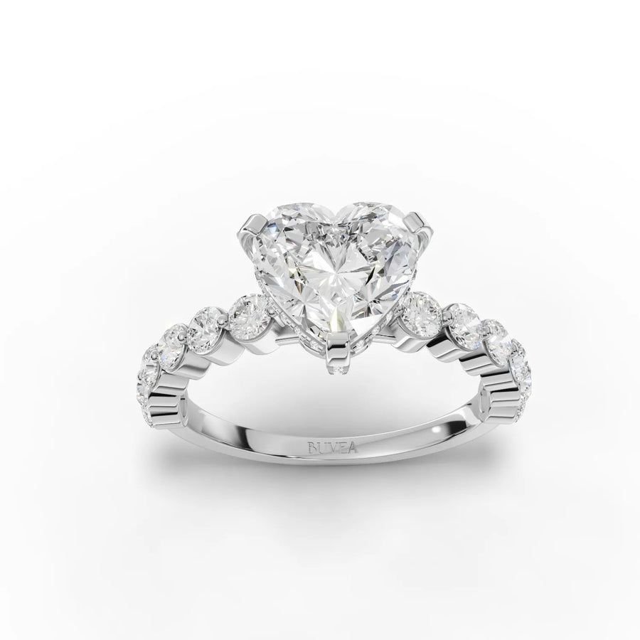2.84 CT heart lab diamond solitaire ring with 2 ct center, hidden basket accents, diamond shank, and 18K gold setting