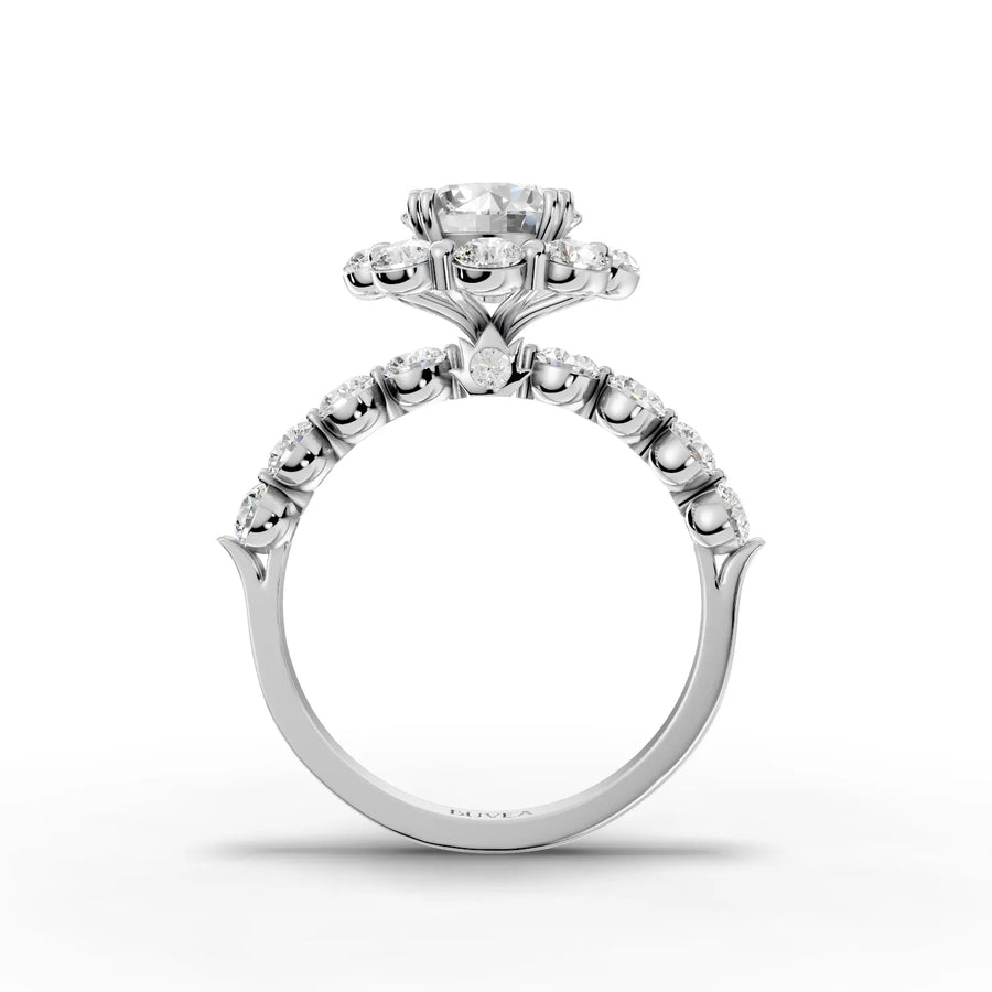Round floral cluster lab-grown ring white gold close-up view