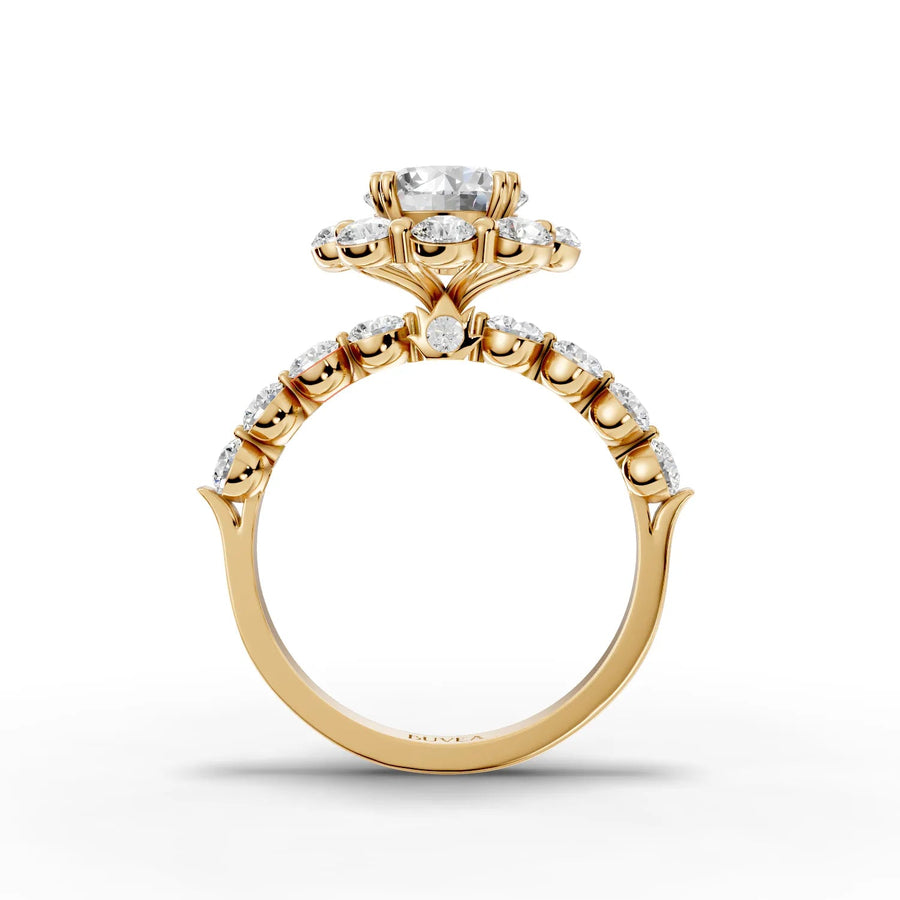 Round floral cluster lab-grown ring yellow gold close-up view