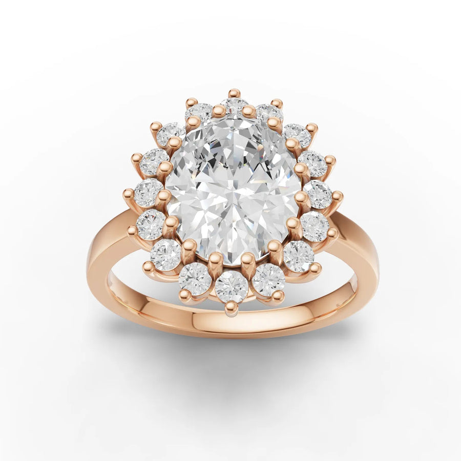 2.96 CT oval lab-grown diamond halo ring rose gold top view