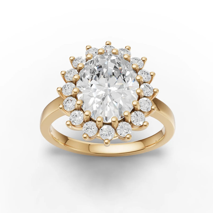 2.96 CT oval lab-grown diamond halo ring yellow gold top view