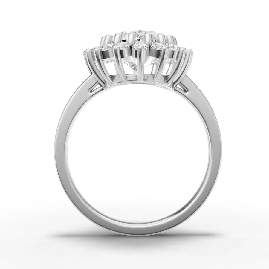 Lab-grown oval halo ring white gold close-up
