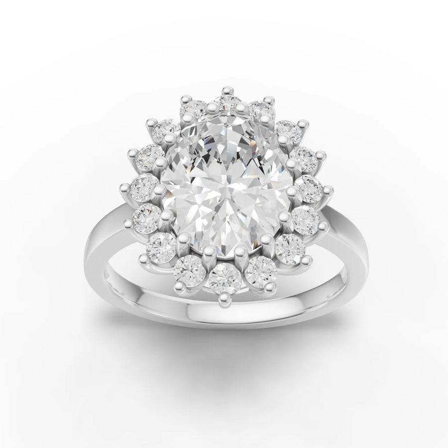 3.46 ct oval halo lab diamond ring with 3.00 ct oval center stone and round accent halo