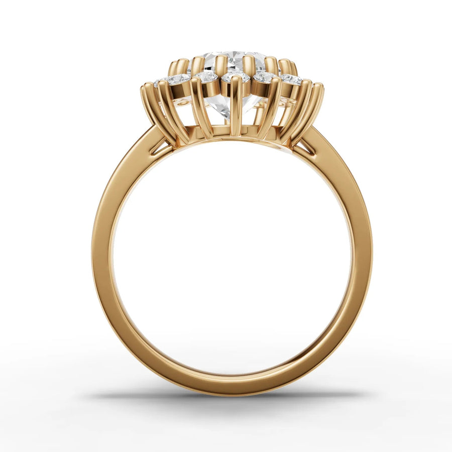 Lab-grown oval halo ring yellow gold close-up