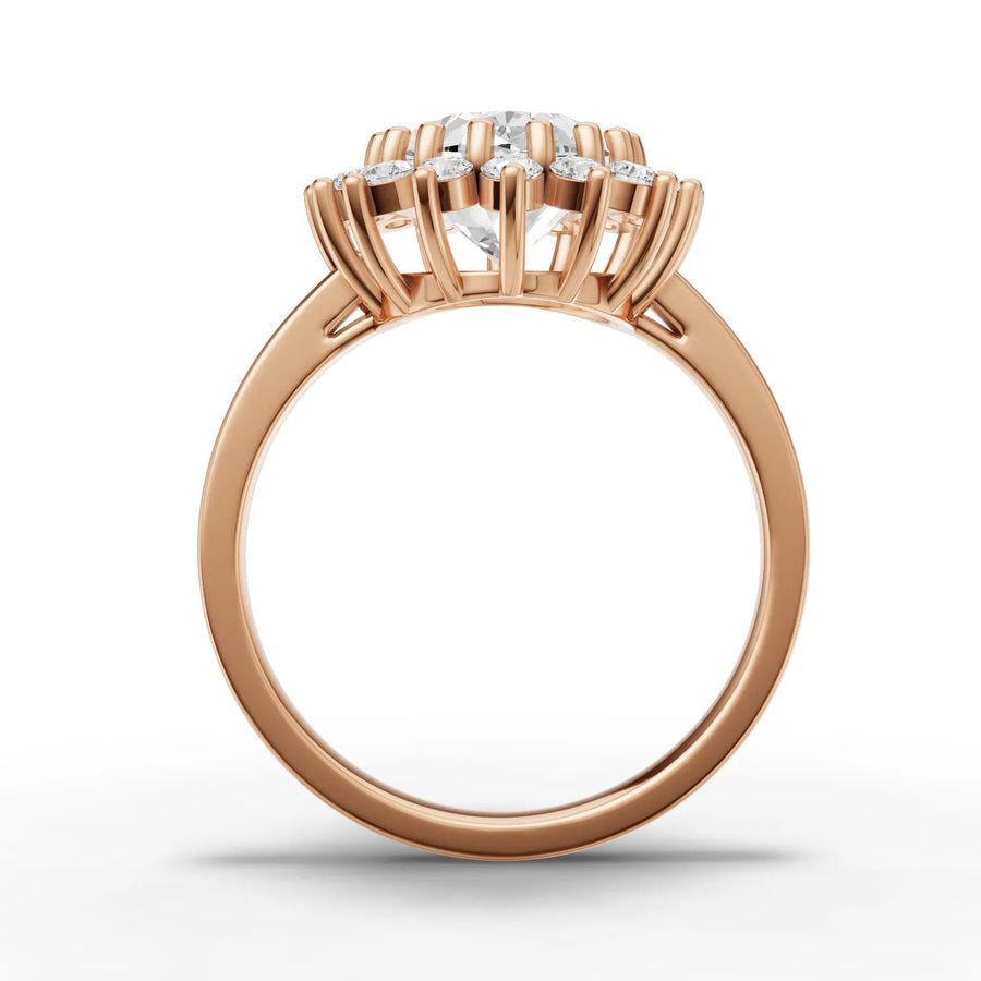 Lab-grown oval halo ring rose gold close-up