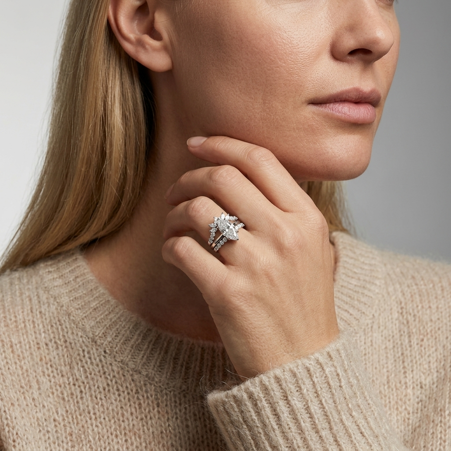 3.25 Ct Marquise Lab Diamond Floral Halo Ring with Accent Set 2.50 Ct Center