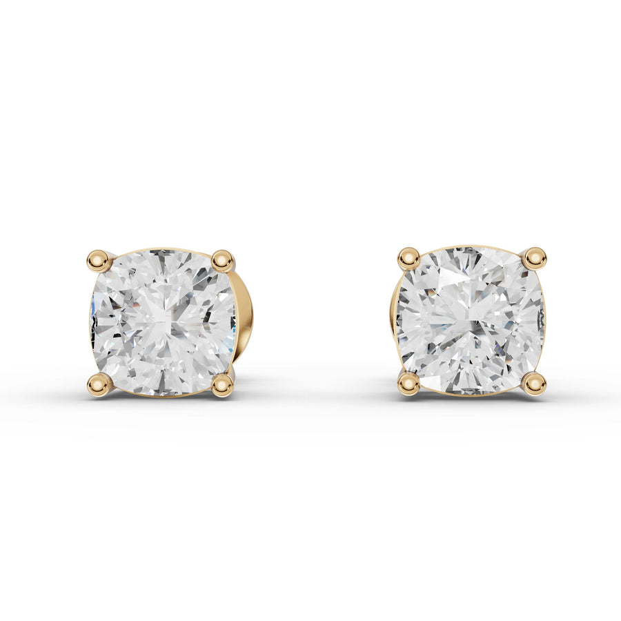 2.24 CT cushion lab-grown diamond stud earrings yellow gold front