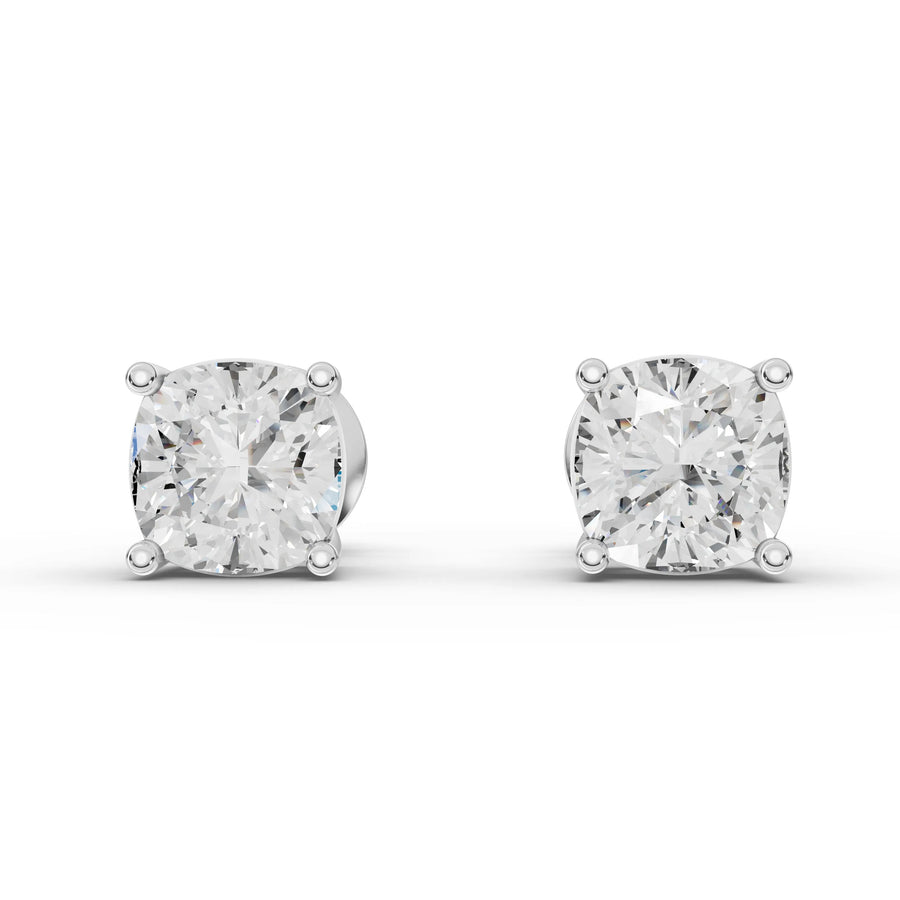 2.00 ct cushion cut lab grown diamond stud earrings with 1.00 ct each stones in four-prong screw back settings