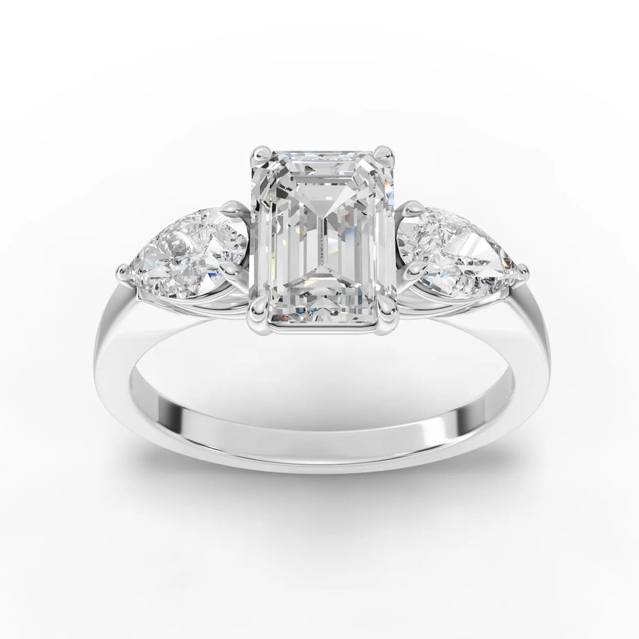 2.00 ct emerald and pear three-stone lab diamond ring with 1.50 ct emerald-cut center