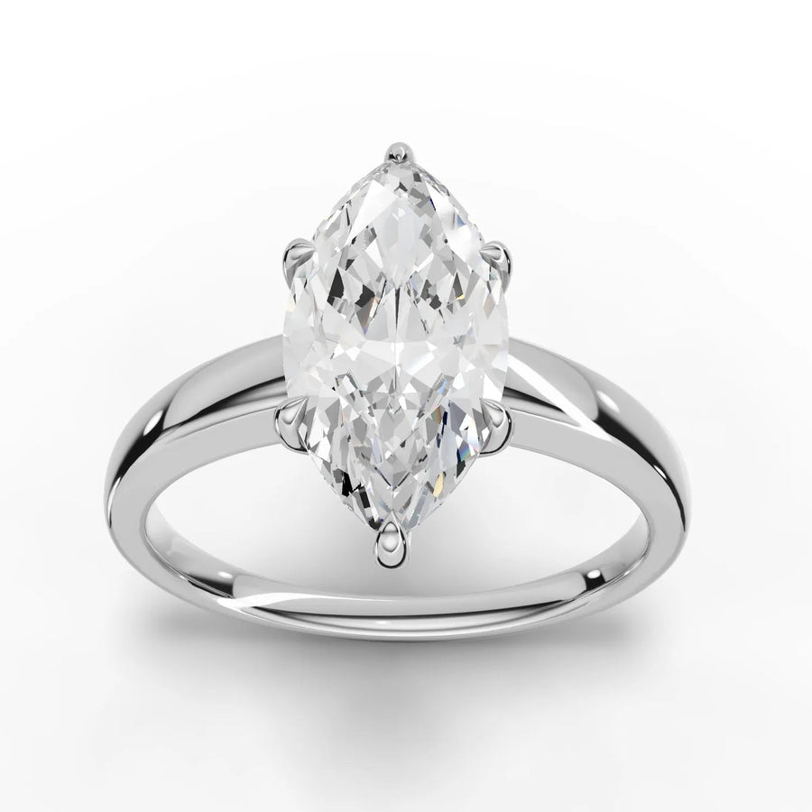 2.00 CT marquise solitaire lab grown diamond ring in 18k gold with elongated center stone and prong setting
