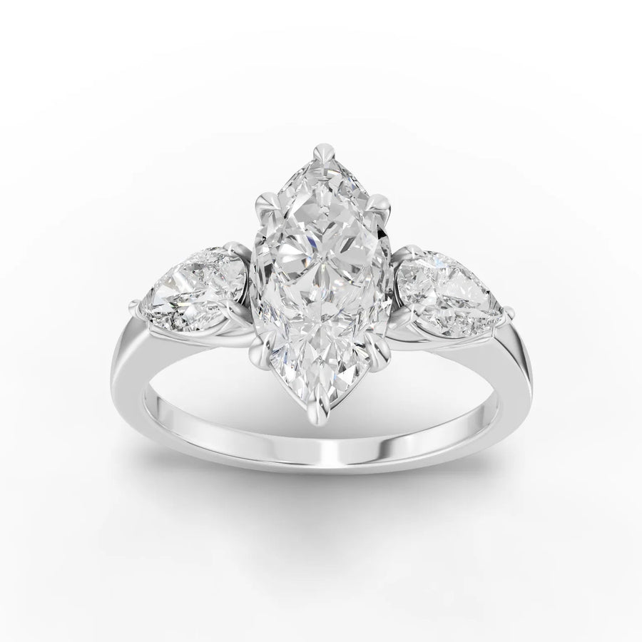 2.00 CT marquise three-stone lab diamond ring with 1.50 CT center and pear side diamonds