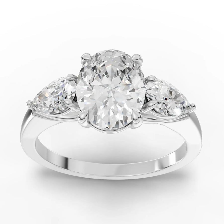 2.25 CT oval three-stone lab diamond ring with 1.50 CT oval center and pear side diamonds