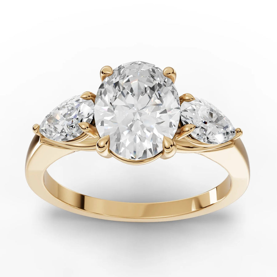 2.50 CT oval trinity lab-grown diamond ring yellow gold top view