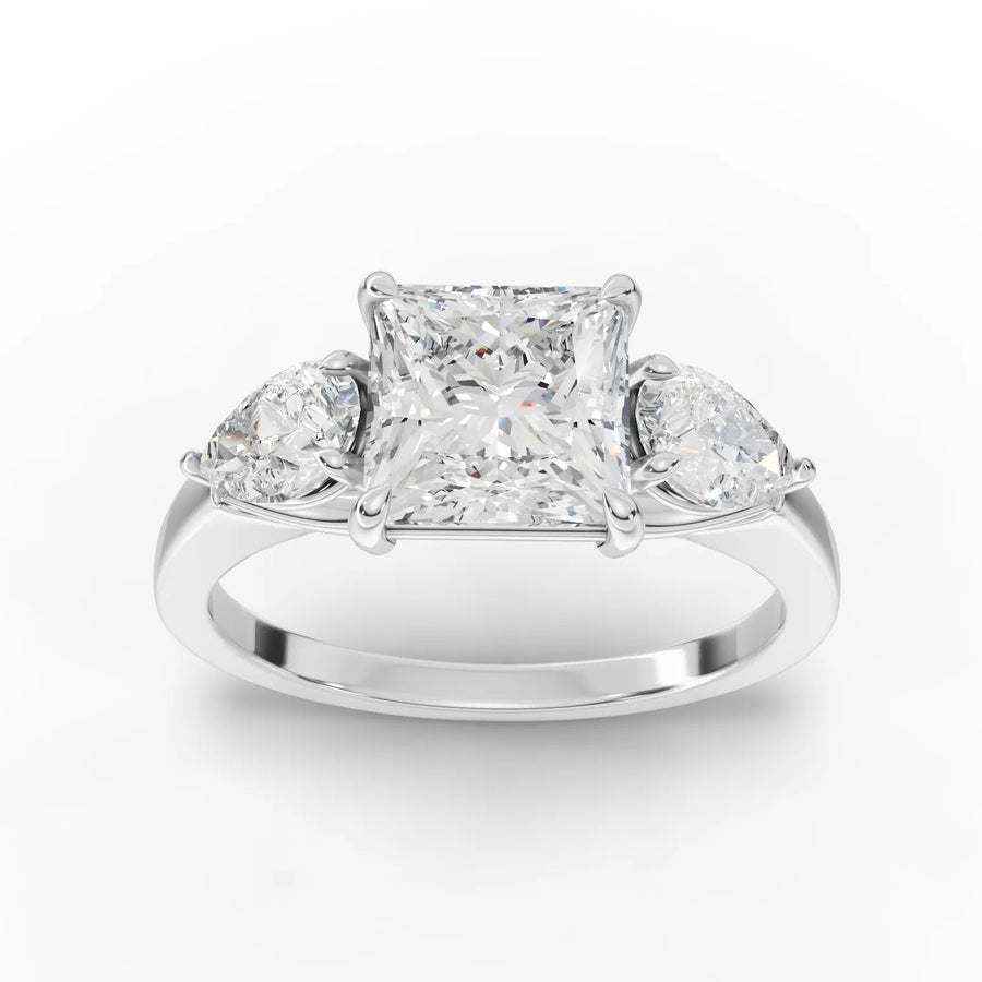 2.50 CT princess three-stone pear lab diamond ring with 1.50 CT center diamond and sleek band