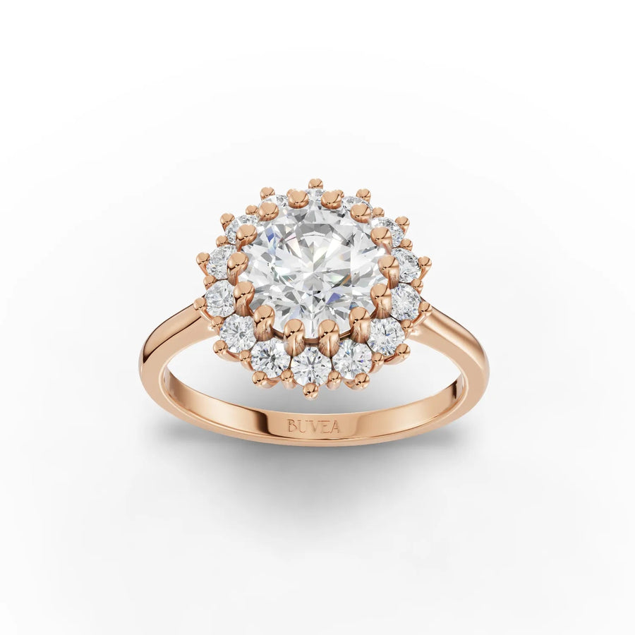 Round halo lab-grown diamond ring rose gold top view 