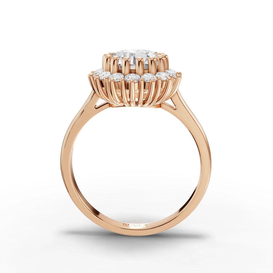 Round center halo ring rose gold close-up view
