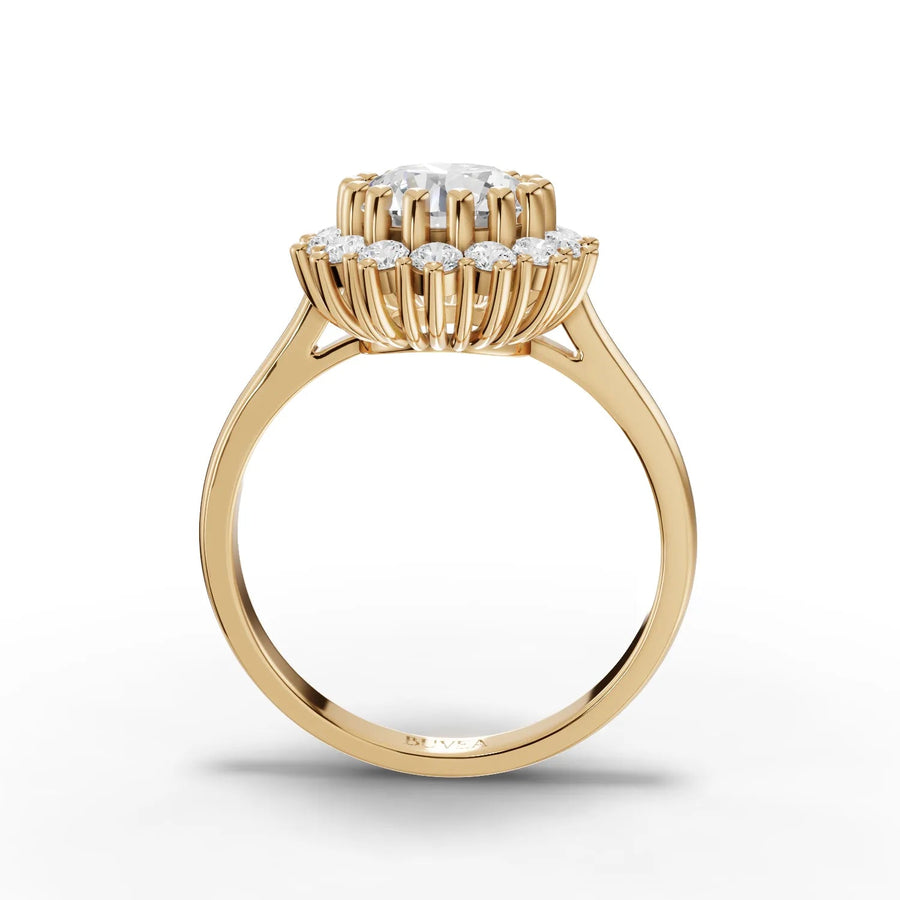 Round center halo ring yellow gold close-up view