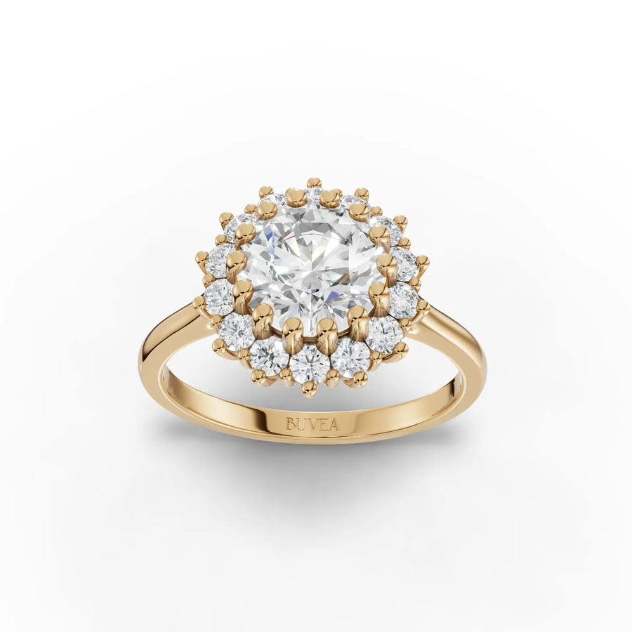 Round halo lab-grown diamond ring yellow gold top view