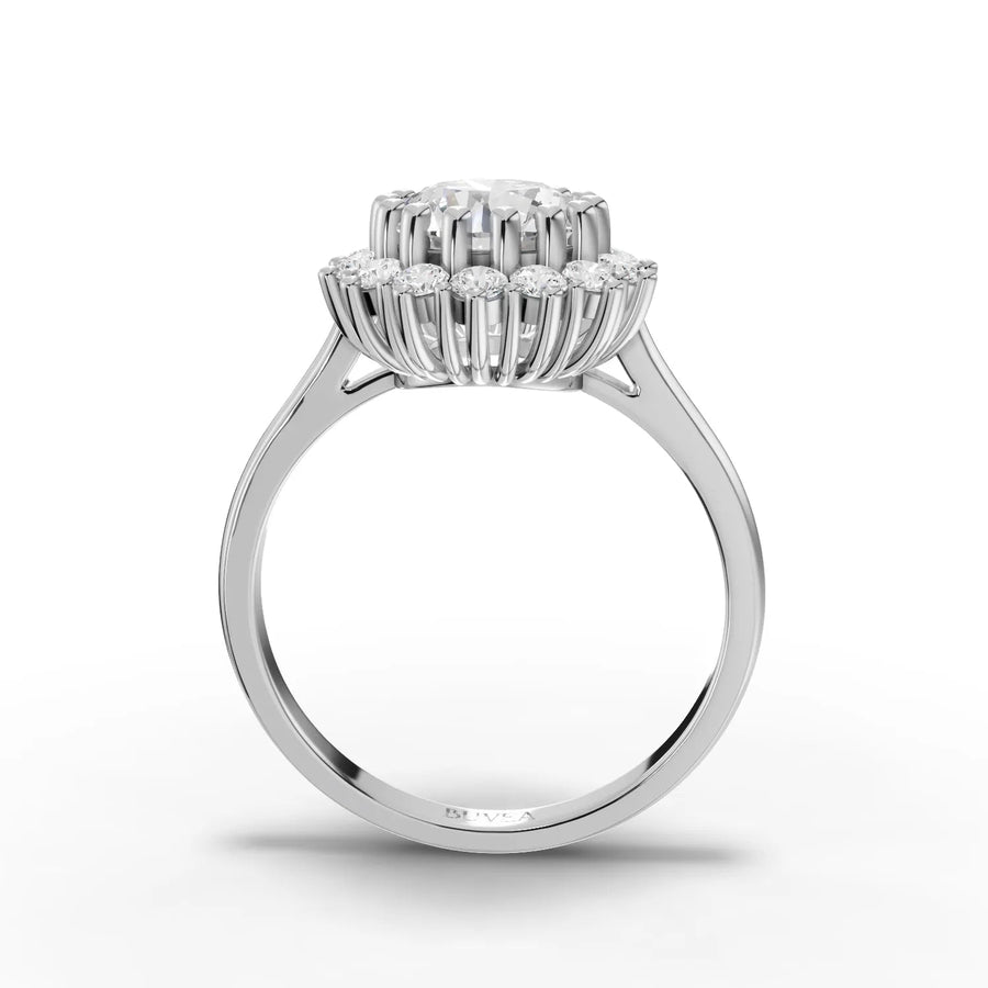 Round center halo ring white gold close-up view