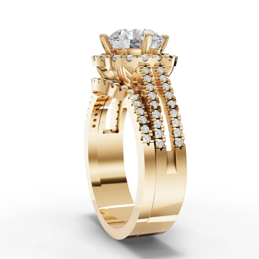 Lab-grown halo ring yellow gold close-up