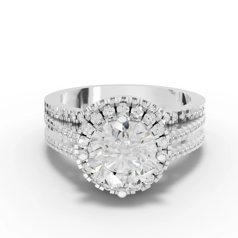 2.01 ct round double halo lab diamond ring with 1.50 ct center stone and pavé band