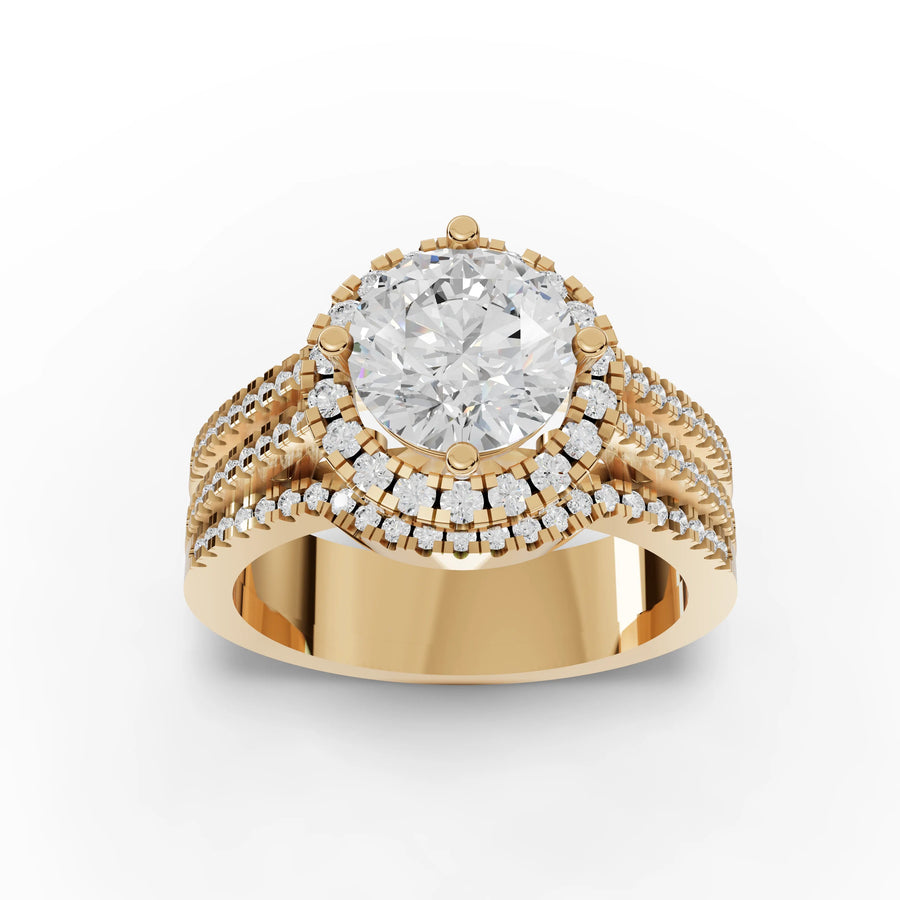 Double halo ring yellow gold angle