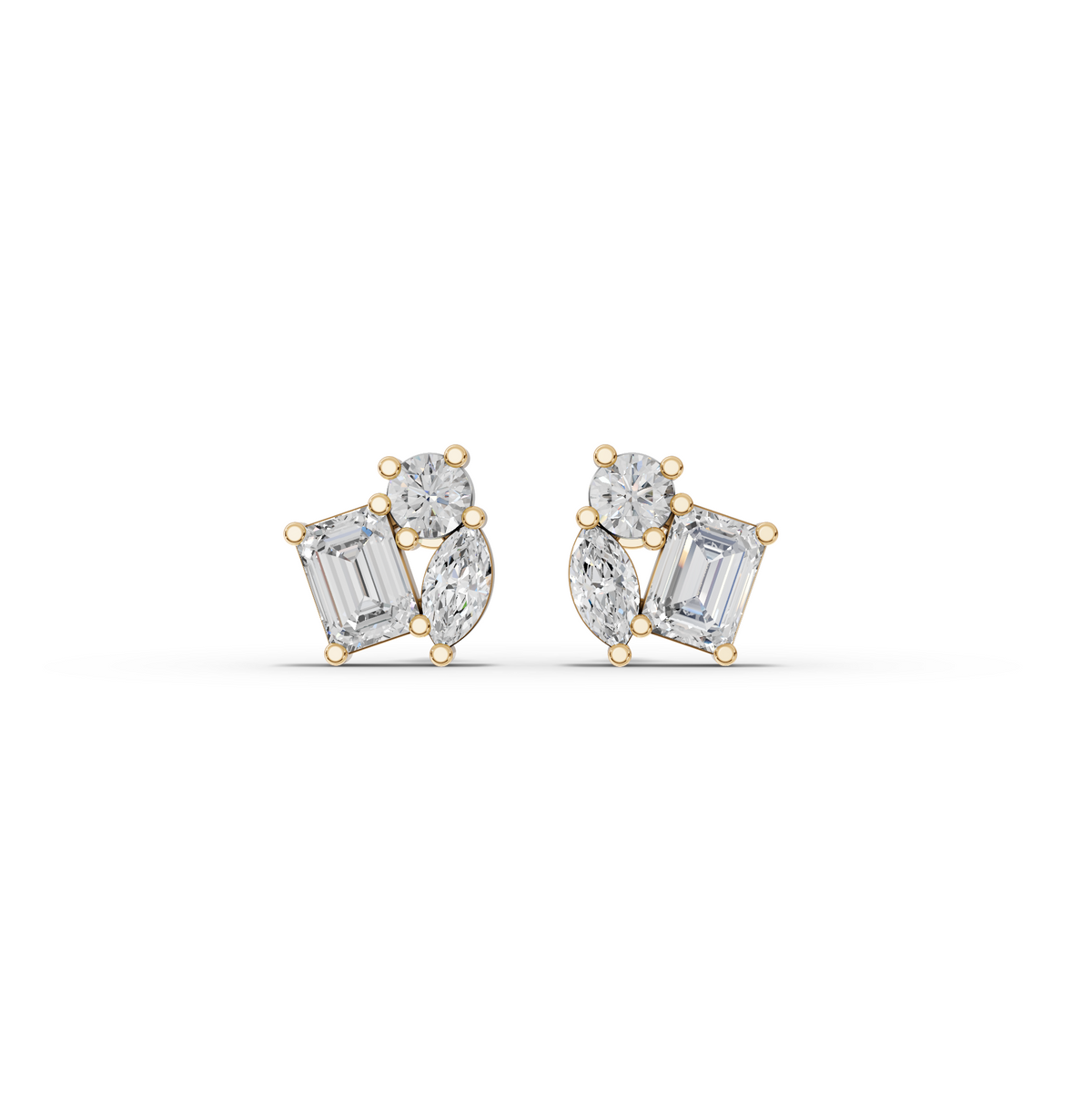 3.00 CT Mixed Shape Lab Diamond Three Stone Stud Earrings in yellow gold